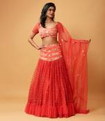 Red Ruffle Lehenga With Organza Dupatta