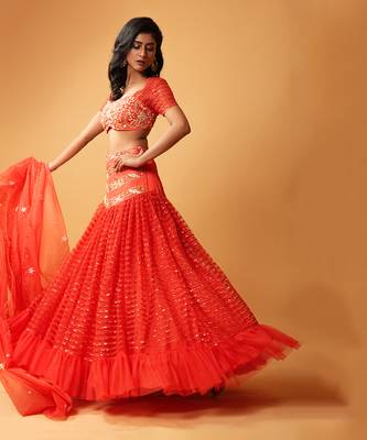 Red Ruffle Lehenga With Organza Dupatta 2