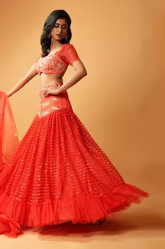Red Ruffle Lehenga With Organza Dupatta