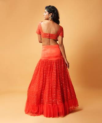 Red Ruffle Lehenga With Organza Dupatta 3