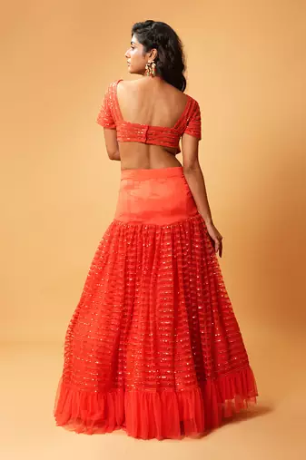 Red Ruffle Lehenga With Organza Dupatta