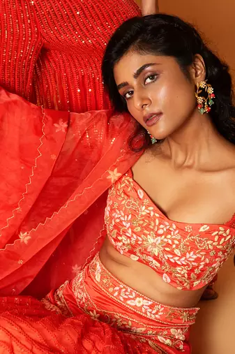 Red Ruffle Lehenga With Organza Dupatta