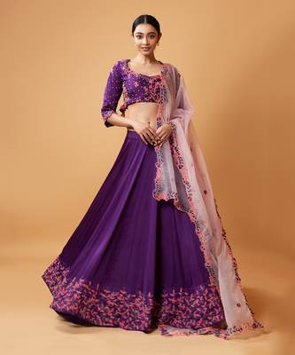 Violet Lehenga With Intricate Handwork Paired  With A  Pink Dupatta 1