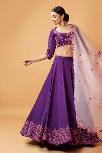Violet Lehenga With Intricate Handwork Paired  With A  Pink Dupatta