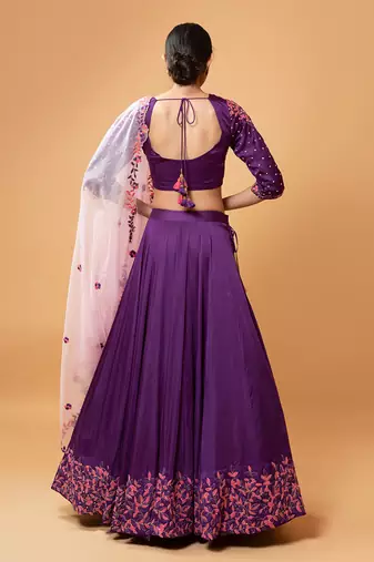 Violet Lehenga With Intricate Handwork Paired  With A  Pink Dupatta
