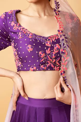 Violet Lehenga With Intricate Handwork Paired  With A  Pink Dupatta