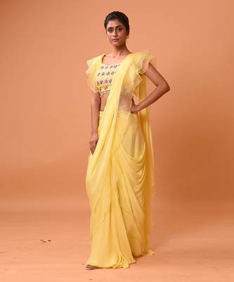 Yellow Ruffle Saree With Lace. 2