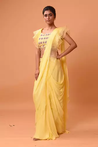 Yellow Ruffle Saree With Lace.