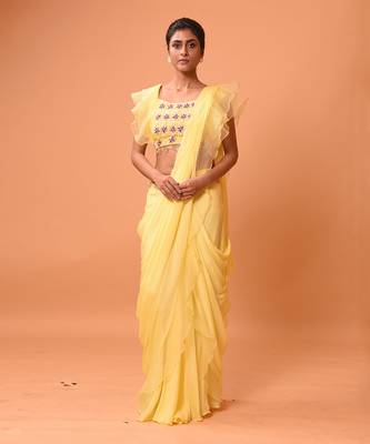 Yellow Ruffle Saree With Lace. 1