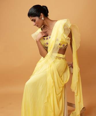 Yellow Ruffle Saree With Lace. 3