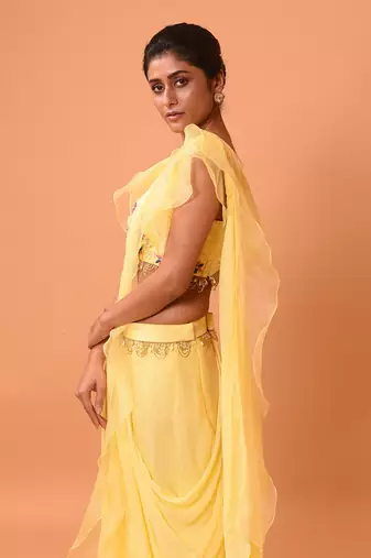 Yellow Ruffle Saree With Lace.