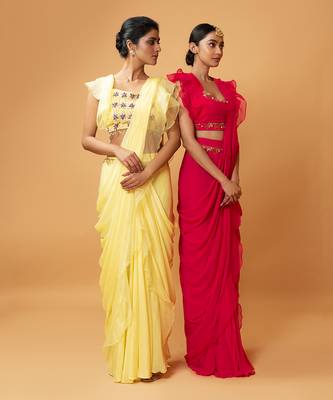 Yellow Ruffle Saree With Lace. 5