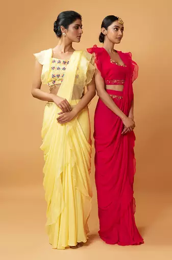 Yellow Ruffle Saree With Lace.