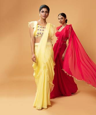 Yellow Ruffle Saree With Lace. 6