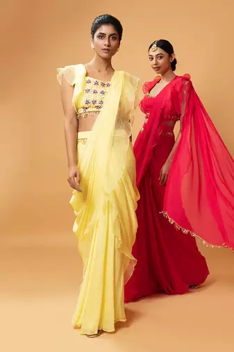 Yellow Ruffle Saree With Lace.