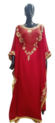 RED ZARI WORK STONES & BEADS EMBELLISH GEORGETTE ISLAMIC STYLE ARABIAN MAXI PARTYWEAR KAFTAN 1