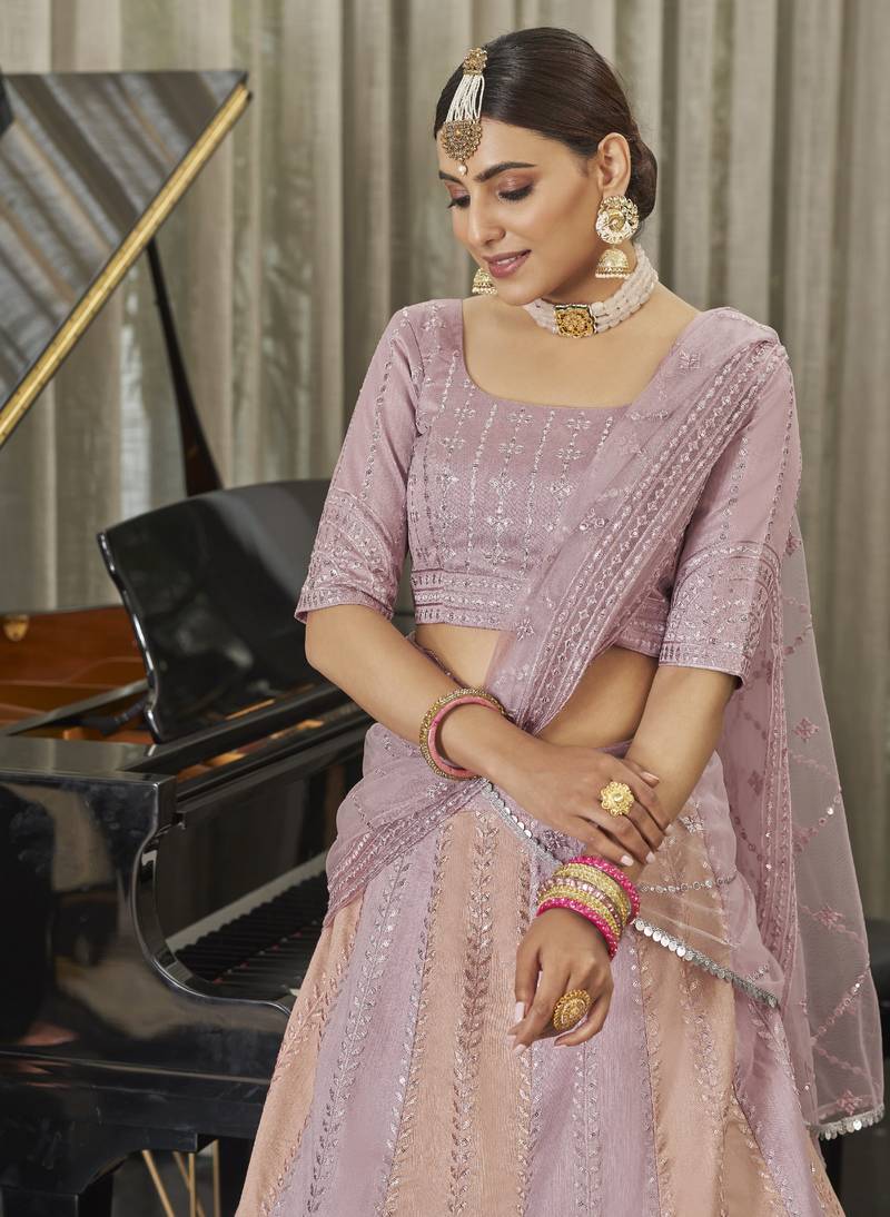 PINK & PEACH THREAD AND SEQUINS EMBROIDERED ART SILK FESTIVE & PARTY WEAR SEMI STITCHED LEHENGA