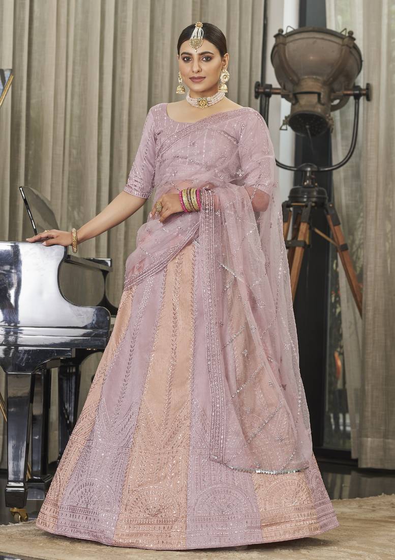 PINK & PEACH THREAD AND SEQUINS EMBROIDERED ART SILK FESTIVE & PARTY WEAR SEMI STITCHED LEHENGA