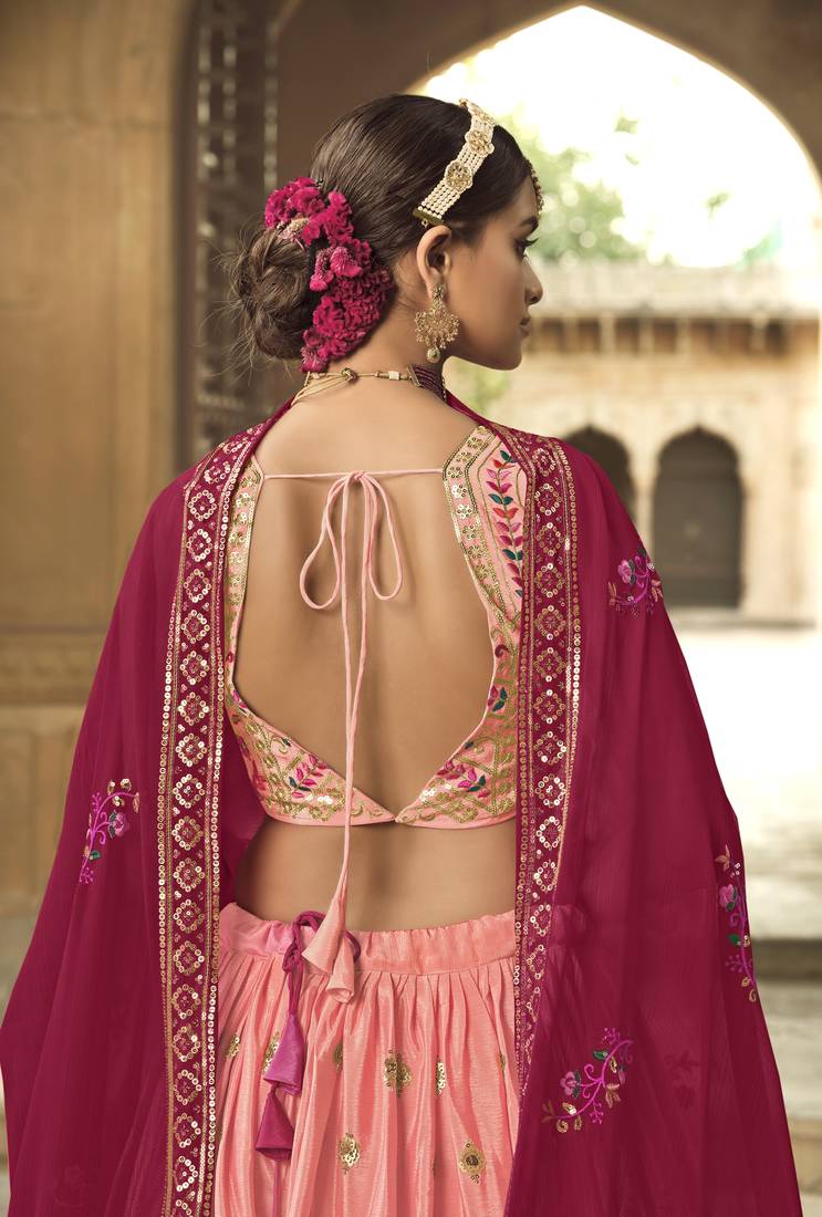 PEACH TO PINK THREAD AND SEQUINS EMBROIDERED SILK FESTIVE & PARTY WEAR SEMI STITCHED LEHENGA