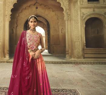PEACH TO PINK THREAD AND SEQUINS EMBROIDERED SILK FESTIVE & PARTY WEAR SEMI STITCHED LEHENGA 3