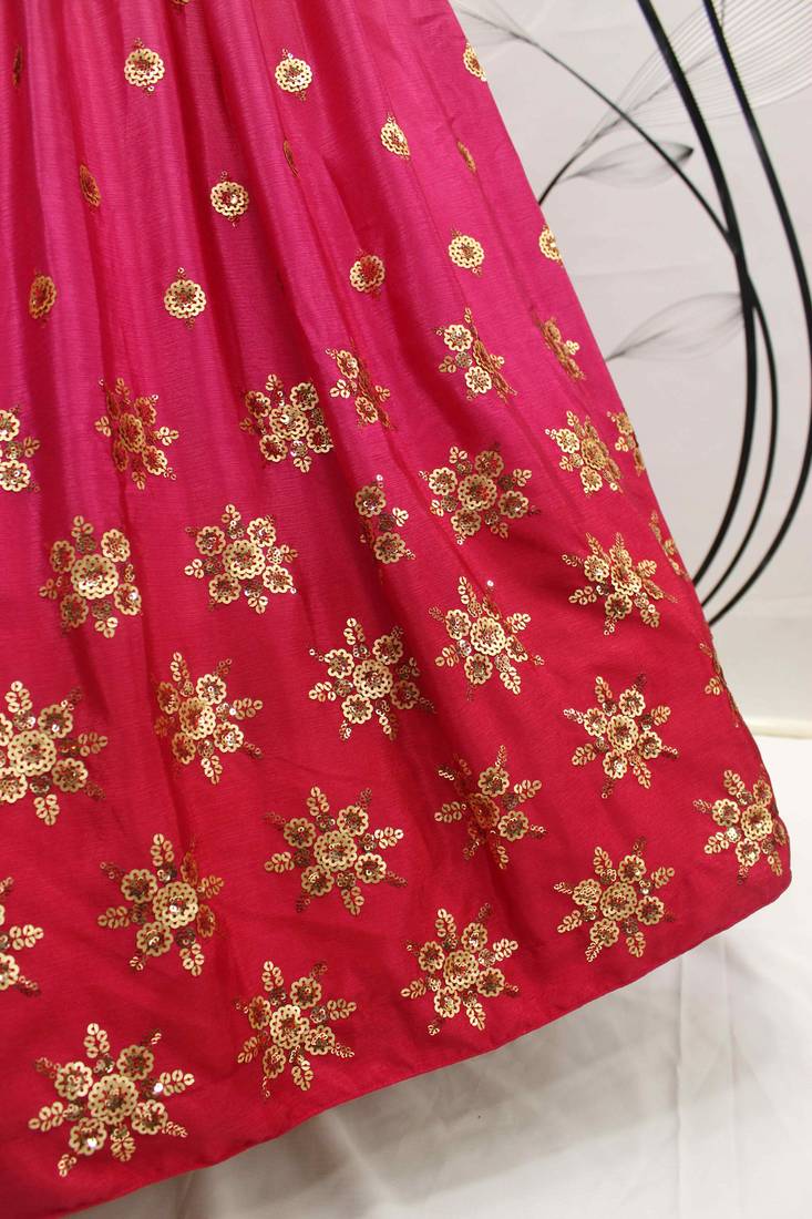 PEACH TO PINK THREAD AND SEQUINS EMBROIDERED SILK FESTIVE & PARTY WEAR SEMI STITCHED LEHENGA