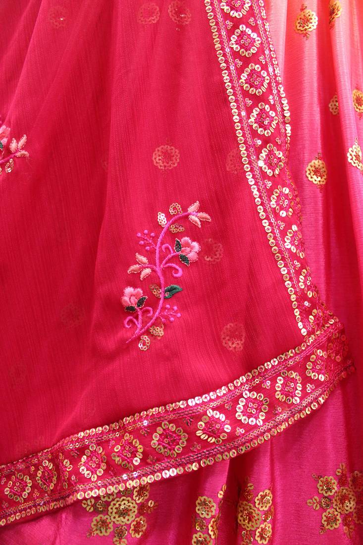 PEACH TO PINK THREAD AND SEQUINS EMBROIDERED SILK FESTIVE & PARTY WEAR SEMI STITCHED LEHENGA