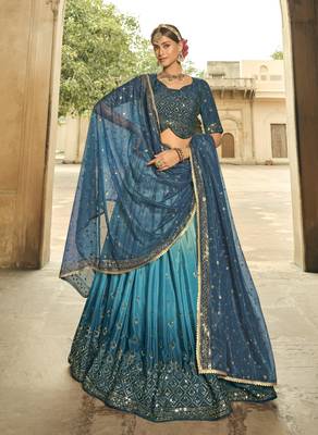 BLUE TO TEAL BLUE SEQUINS EMBROIDERED SILK  FESTIVE & PARTY WEAR SEMI STITCHED LEHENGA 1