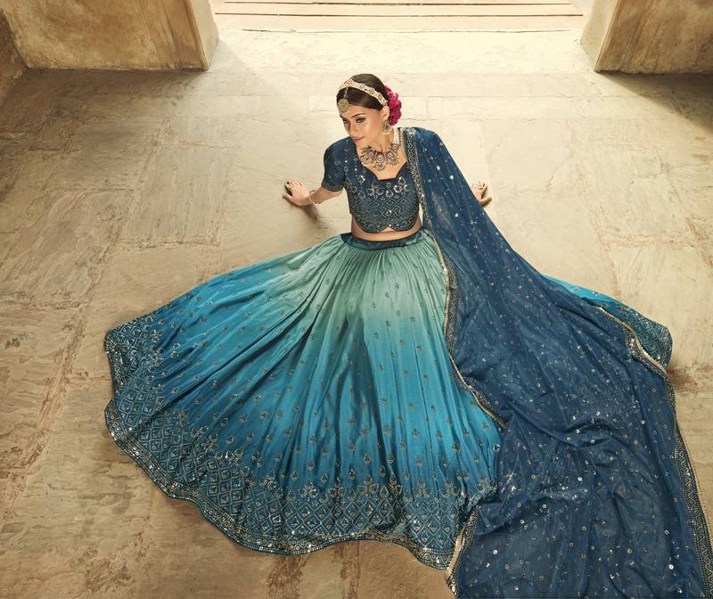 BLUE TO TEAL BLUE SEQUINS EMBROIDERED SILK  FESTIVE & PARTY WEAR SEMI STITCHED LEHENGA