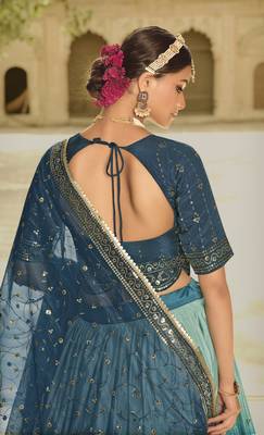 BLUE TO TEAL BLUE SEQUINS EMBROIDERED SILK  FESTIVE & PARTY WEAR SEMI STITCHED LEHENGA 3