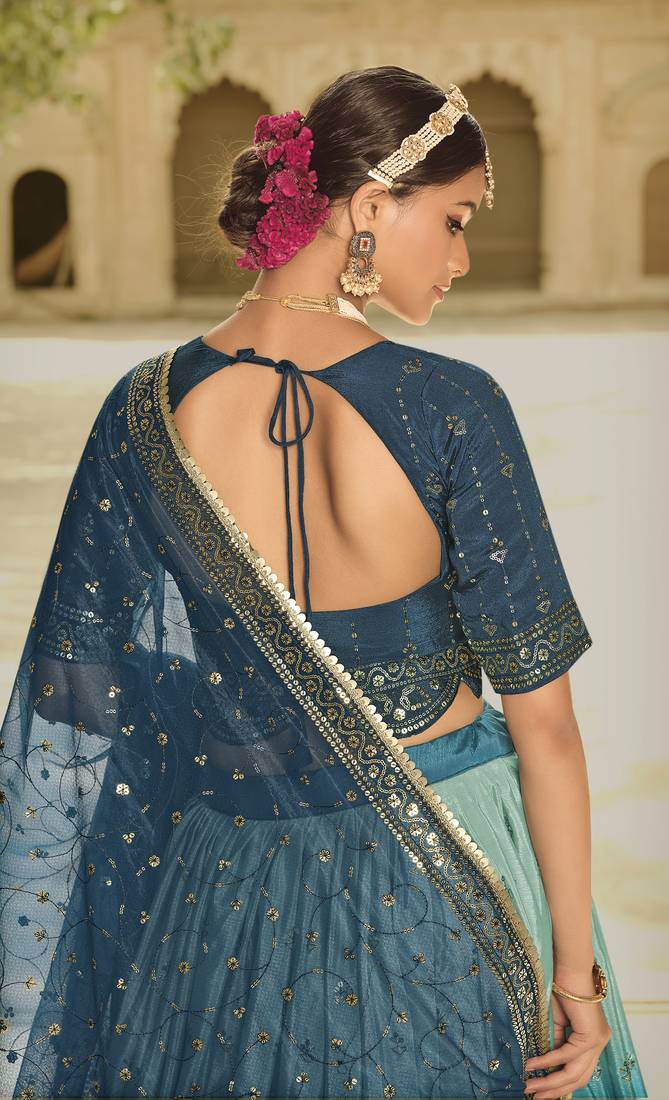 BLUE TO TEAL BLUE SEQUINS EMBROIDERED SILK  FESTIVE & PARTY WEAR SEMI STITCHED LEHENGA