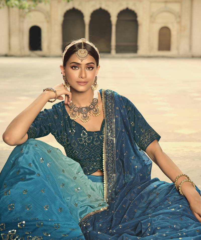 BLUE TO TEAL BLUE SEQUINS EMBROIDERED SILK  FESTIVE & PARTY WEAR SEMI STITCHED LEHENGA