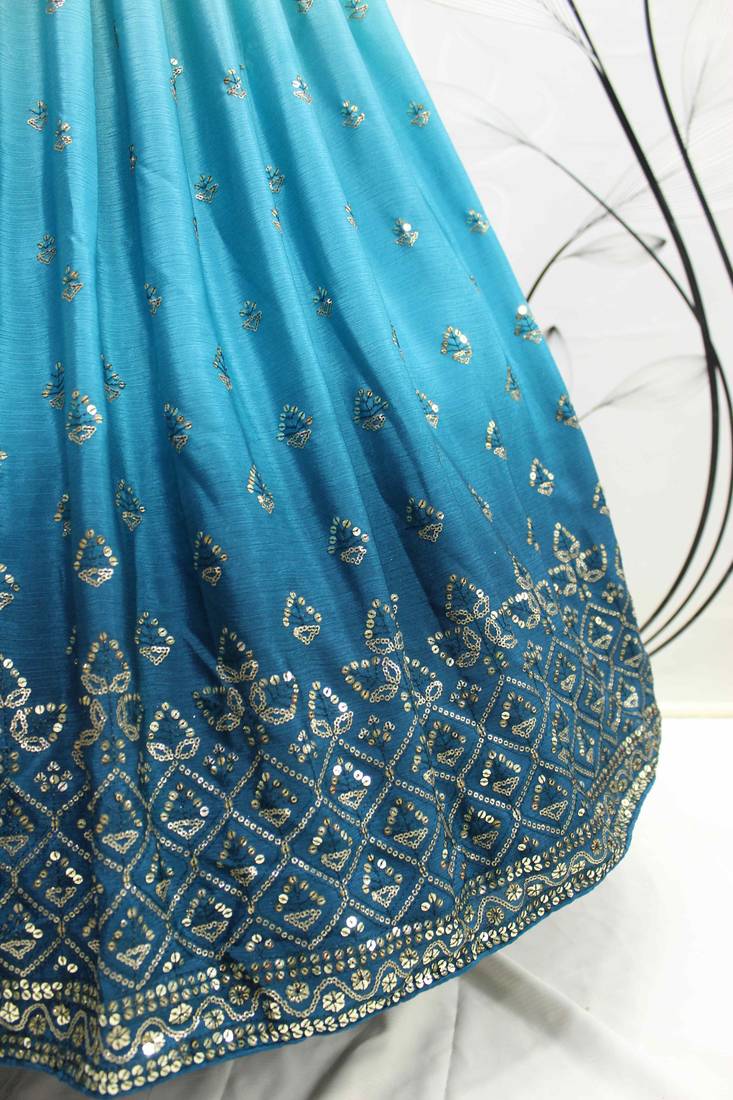 BLUE TO TEAL BLUE SEQUINS EMBROIDERED SILK  FESTIVE & PARTY WEAR SEMI STITCHED LEHENGA