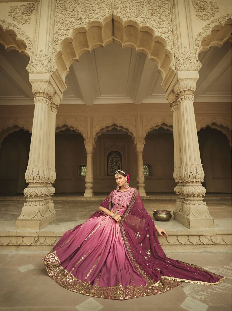 PINK TO MAGENTA SEQUINS EMBROIDERED SILK  FESTIVE & PARTY WEAR SEMI STITCHED LEHENGA