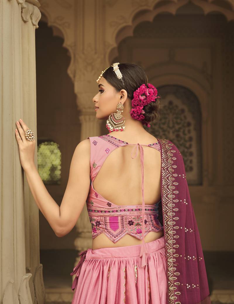 PINK TO MAGENTA SEQUINS EMBROIDERED SILK  FESTIVE & PARTY WEAR SEMI STITCHED LEHENGA