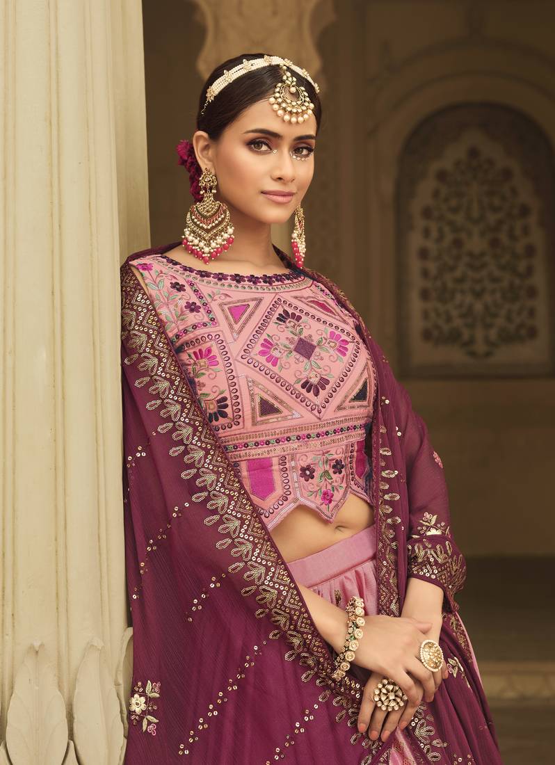 PINK TO MAGENTA SEQUINS EMBROIDERED SILK  FESTIVE & PARTY WEAR SEMI STITCHED LEHENGA
