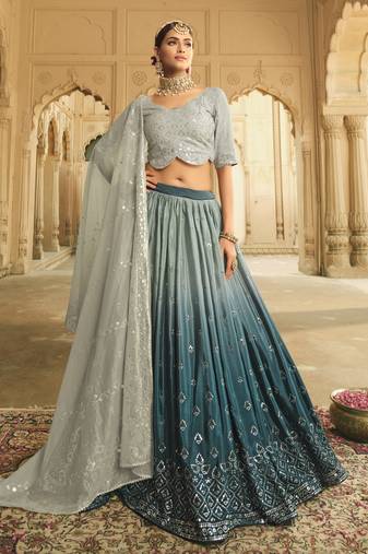 GREY TO TEAL BLUE SEQUINS EMBROIDERED SILK  FESTIVE & PARTY WEAR SEMI STITCHED LEHENGA