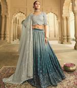 GREY TO TEAL BLUE SEQUINS EMBROIDERED SILK  FESTIVE & PARTY WEAR SEMI STITCHED LEHENGA