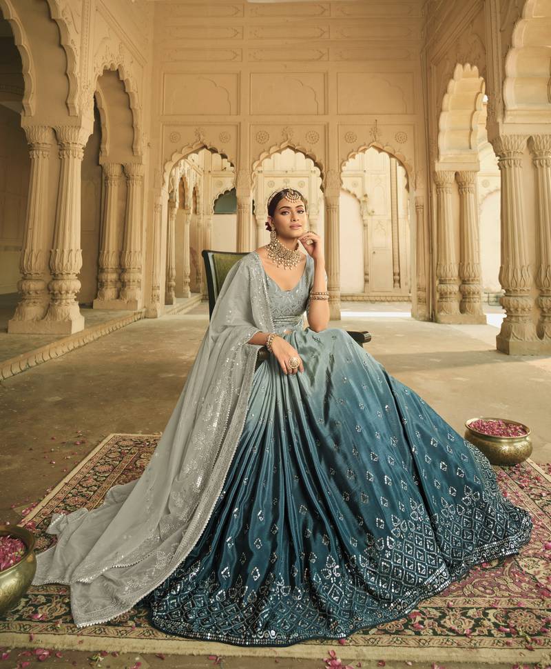 GREY TO TEAL BLUE SEQUINS EMBROIDERED SILK  FESTIVE & PARTY WEAR SEMI STITCHED LEHENGA