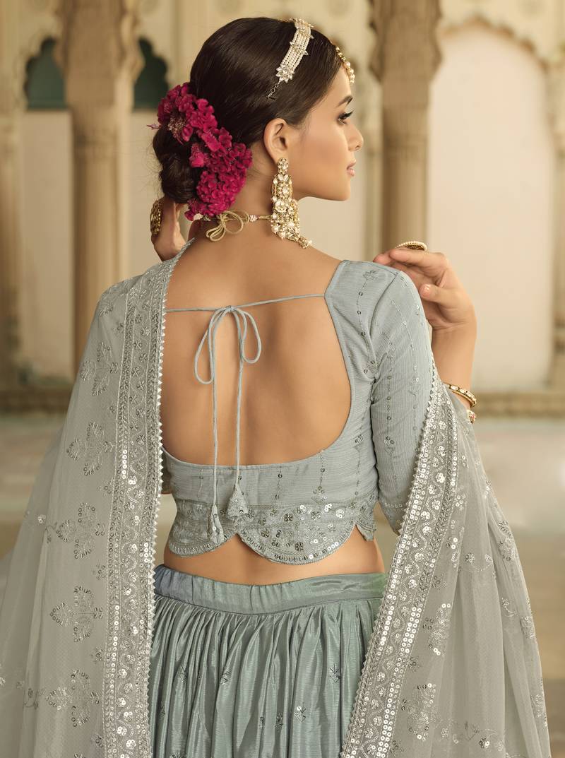 GREY TO TEAL BLUE SEQUINS EMBROIDERED SILK  FESTIVE & PARTY WEAR SEMI STITCHED LEHENGA