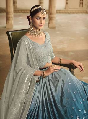 GREY TO TEAL BLUE SEQUINS EMBROIDERED SILK  FESTIVE & PARTY WEAR SEMI STITCHED LEHENGA 4