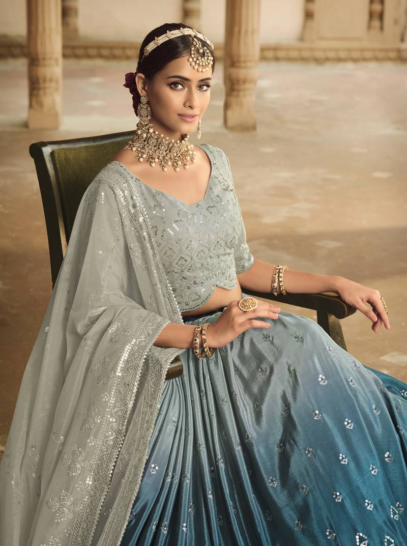 GREY TO TEAL BLUE SEQUINS EMBROIDERED SILK  FESTIVE & PARTY WEAR SEMI STITCHED LEHENGA