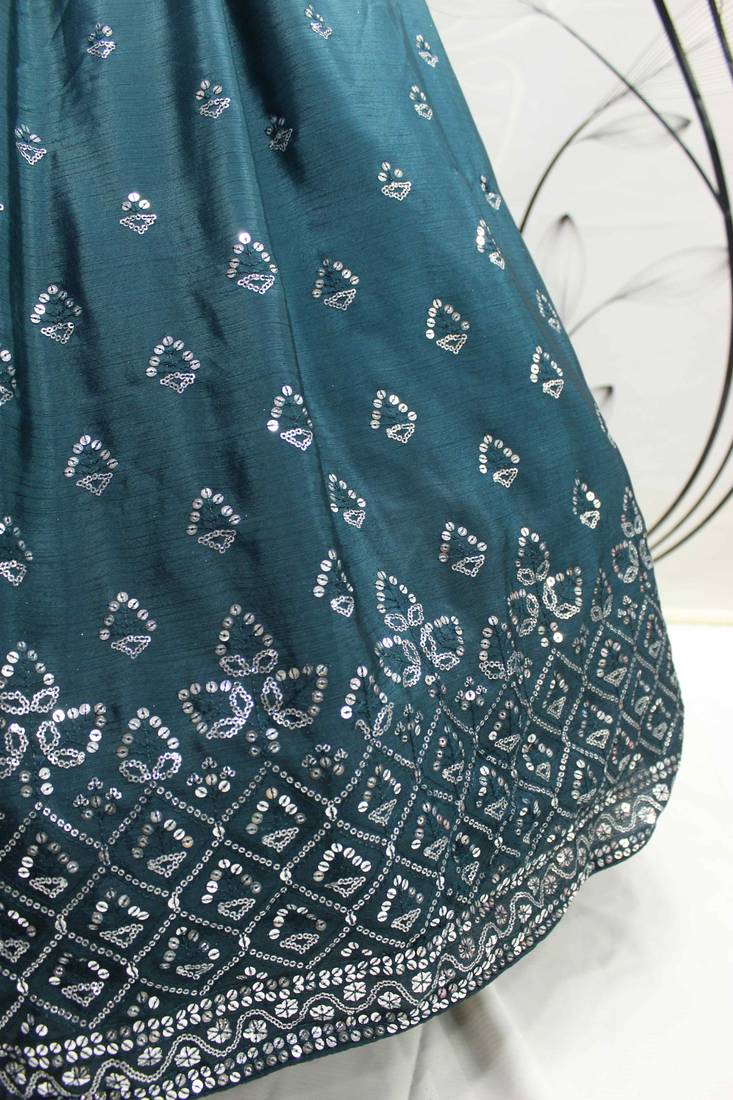 GREY TO TEAL BLUE SEQUINS EMBROIDERED SILK  FESTIVE & PARTY WEAR SEMI STITCHED LEHENGA