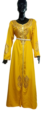 YELLOW ZARI WORK STONES & BEADS EMBELLISH GEORGETTE ISLAMIC STYLE ARABIAN MAXI PARTYWEAR KAFTAN 1
