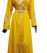 YELLOW ZARI WORK STONES & BEADS EMBELLISH GEORGETTE ISLAMIC STYLE ARABIAN MAXI PARTYWEAR KAFTAN