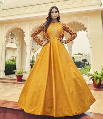 MUSTARD YELLOW THREAD AND SEQUINCE EMBROIDERED WORK COTTON ANARKALI LONG GOWN SEMI STITCHED 1