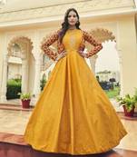 MUSTARD YELLOW THREAD AND SEQUINCE EMBROIDERED WORK COTTON ANARKALI LONG GOWN SEMI STITCHED