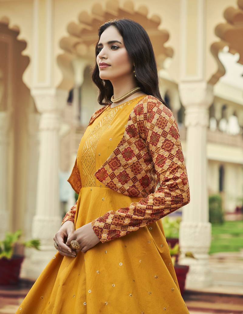 MUSTARD YELLOW THREAD AND SEQUINCE EMBROIDERED WORK COTTON ANARKALI LONG GOWN SEMI STITCHED