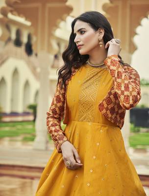 MUSTARD YELLOW THREAD AND SEQUINCE EMBROIDERED WORK COTTON ANARKALI LONG GOWN SEMI STITCHED 4