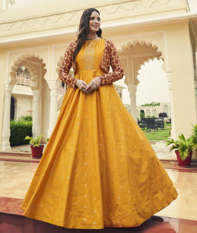 MUSTARD YELLOW THREAD AND SEQUINCE EMBROIDERED WORK COTTON ANARKALI LONG GOWN SEMI STITCHED