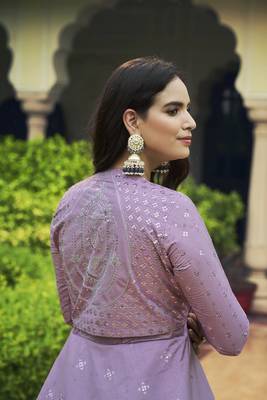 LIGHT PURPLE THREAD AND SEQUINCE EMBROIDERED WORK COTTON ANARKALI LONG GOWN SEMI STITCHED 3